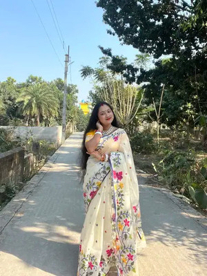 Attipatti Floral Print, Printed Jamdani Cotton Silk Saree(White, Multicolor)