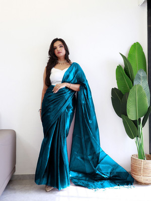 ANOUK Solid/Plain Saree with Attached Blouse Tissue Saree(Blue)