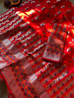 vrajnetic Woven Mekhela Chador Pure Silk Saree(Red)