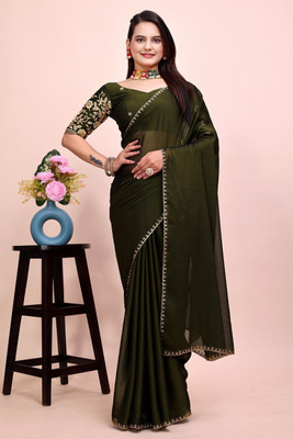 KONICA FAB Solid/Plain Bollywood Chiffon Saree(Dark Green)