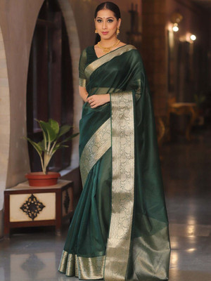 NATIONAL PRIDE Woven, Solid/Plain Bollywood Organza Saree(Dark Green)