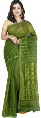 OWALID Self Design Jamdani Cotton Silk Saree(Dark Green)