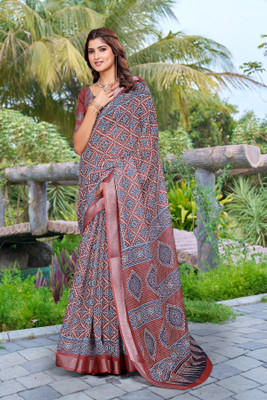 PHEASANT Digital Print Bollywood Cotton Linen Saree(Brown)