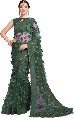 Nytra creation Floral Print, Embroidered Banarasi Net Saree(Green)