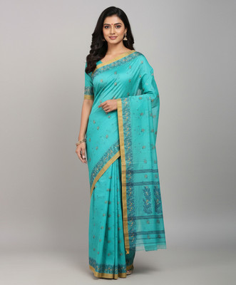 DENLINFABRICS Woven Tant Cotton Blend Saree(Light Blue)