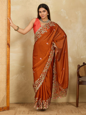 BHAGYAVATI DESIGNER Embroidered, Floral Print, Embellished Bollywood Jimmy choo, Tussar Silk Saree(Orange)