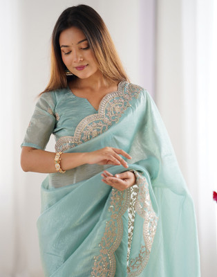 Satrani Embellished, Embroidered Bollywood Jimmy choo, Tissue Saree(Green)