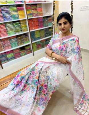 MIVAAN CREATION Digital Print Bollywood Linen Saree(White)