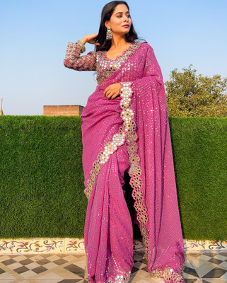 makron Embroidered Bollywood Georgette Saree(Pink)