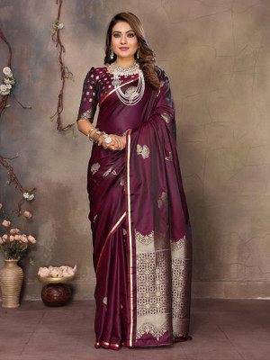 Elora Floral Print Banarasi Satin Saree(Maroon)