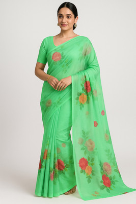 LADYZOOM Floral Print Bollywood Georgette Saree(Light Green)