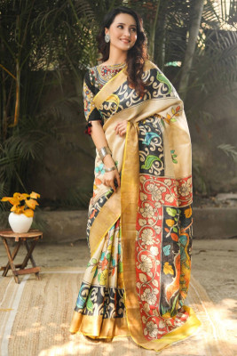 Rashmiwala Floral Print Daily Wear Tussar Silk Saree(Beige, Red, Yellow, Black)