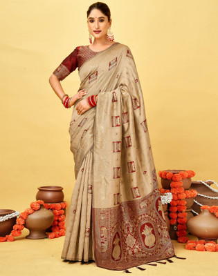 Satrani Woven, Embellished Banarasi Silk Blend Saree(Beige)