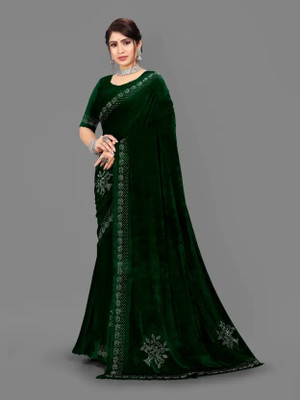 Julee Solid/Plain Bollywood Velvet Saree(Green)