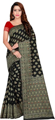 FABMORA Embroidered, Woven Kalamkari Cotton Blend Saree(Black)