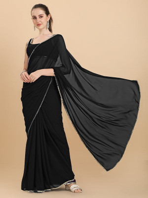 maa creaation Solid/Plain Bollywood Georgette Saree(Black)