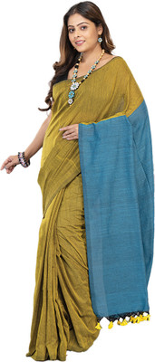 BongTrendz Solid/Plain Handloom Cotton Blend Saree(Light Green, Light Blue)