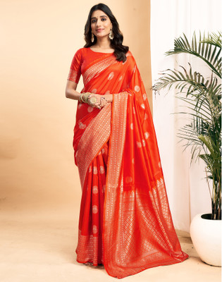Samah Woven, Embellished Kanjivaram Silk Blend, Jacquard Saree(Orange)