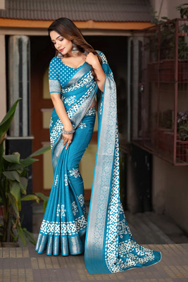 J6 Designers Embellished, Printed, Geometric Print Bollywood Cotton Silk Saree(Blue)