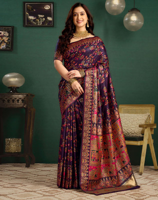 Tasrika Woven, Embellished Banarasi Jacquard, Pure Silk Saree(Purple)