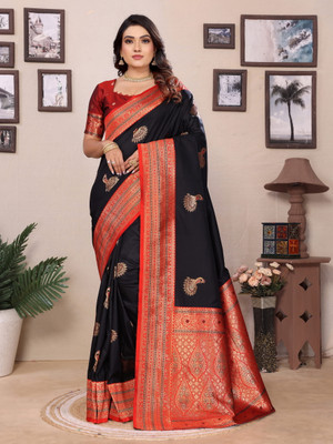 SKJ Creation Woven, Self Design Banarasi Pure Silk Saree(Black)