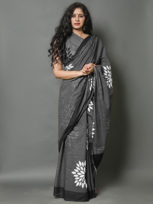 BUTA BUTI Printed Daily Wear Pure Cotton Saree(Black)