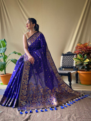SWORNOF Embroidered, Self Design Bollywood Pure Silk Saree(Blue)