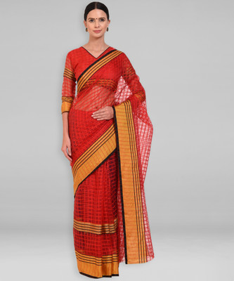 Divastri Checkered Kota Doria Cotton Silk Saree(Red)