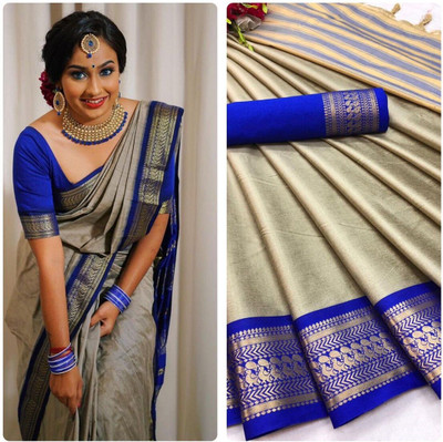 looknchoice Woven Banarasi Silk Blend Saree(Cream)