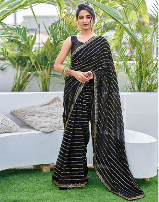 Satrani Dyed, Embellished Bollywood Chiffon, Georgette Saree(Black, Gold)