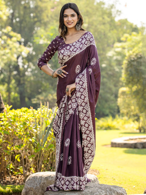 Divastri Printed Daily Wear Cotton Blend Saree(Purple)