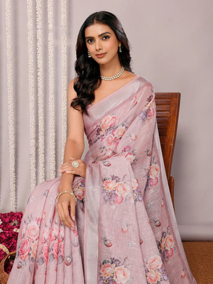 Janasya Floral Print Daily Wear Cotton Blend Saree(Pink)