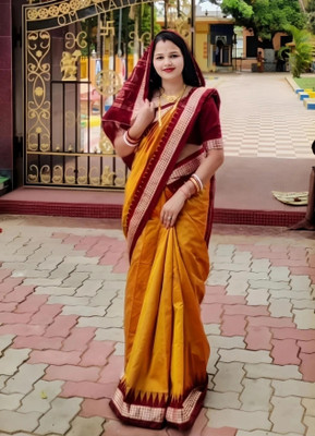 Afronza Solid/Plain, Temple Border, Applique Sambalpuri Pure Silk, Cotton Silk Saree(Mustard, Red)