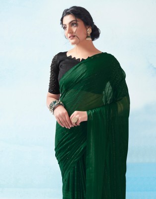 Samah Woven, Striped Bollywood Georgette Saree(Dark Green)