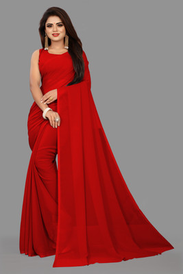 Desi Style Solid/Plain Bollywood Net, Chiffon Saree(Red)