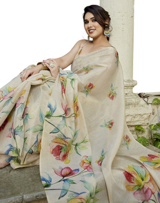 Priyashi Floral Print Bollywood Chanderi Saree(Cream)