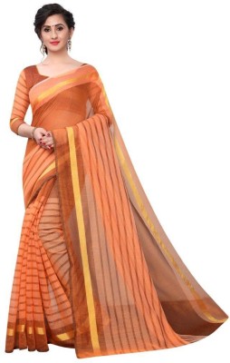 WhiteCloud Striped Banarasi Cotton Silk Saree(Orange)