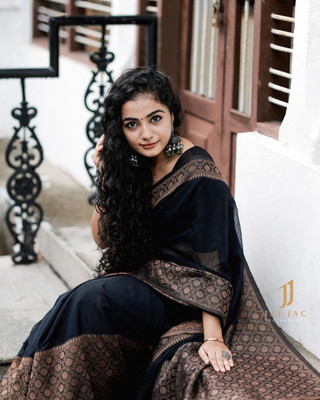 RASVRITI Solid/Plain Kanjivaram Pure Silk, Art Silk Saree(Black)