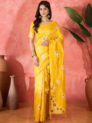 Sangria Self Design Saree with Attached Blouse Silk Blend Saree(Yellow)