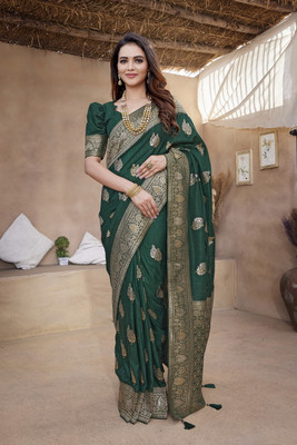 sareya veela Woven, Embellished Banarasi Silk Blend, Jacquard Saree(Dark Green)