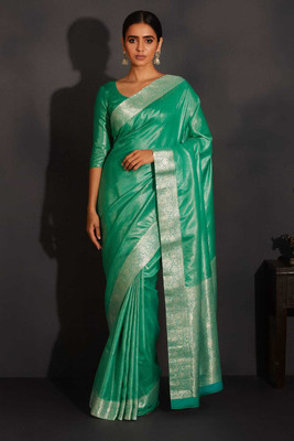 Sijileen Solid/Plain Banarasi Satin, Silk Blend Saree(Green)