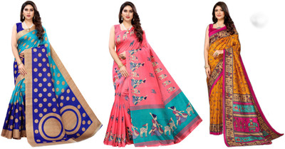 Nirvaan Printed Bollywood Art Silk Saree(Pack of 3, Blue, Pink, Yellow)