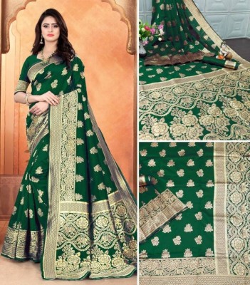 Starly Woven Banarasi Pure Silk, Art Silk Saree(Dark Green)