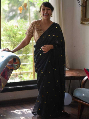 BongAp Digital Print, Solid/Plain Daily Wear Cotton Blend Saree(Black)