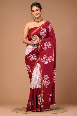 LOVWEAR Printed Ikkat Pure Cotton Saree(Maroon)