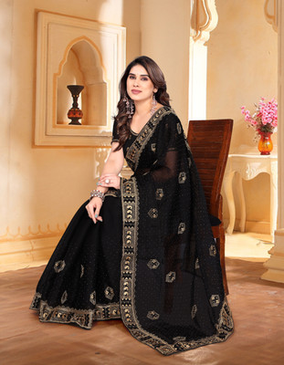 MIYANIFAB Embroidered Bollywood Jacquard Saree(Black)