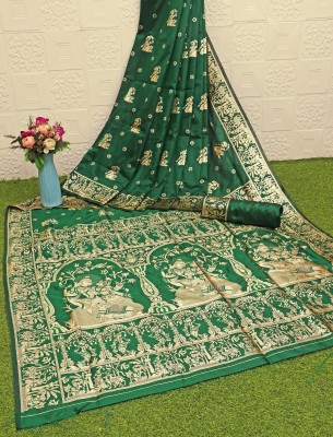 Rugli Woven Baluchari Silk Blend, Art Silk Saree(Green)