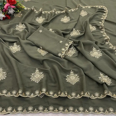 Elite Fashion Embroidered Bollywood Georgette Saree(Grey)