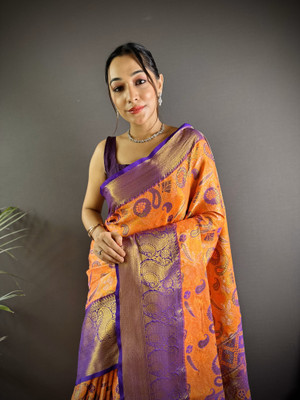 SHARDHA FASHION Woven, Embroidered, Embellished Banarasi Pure Silk Saree(Black, Yellow, Purple)
