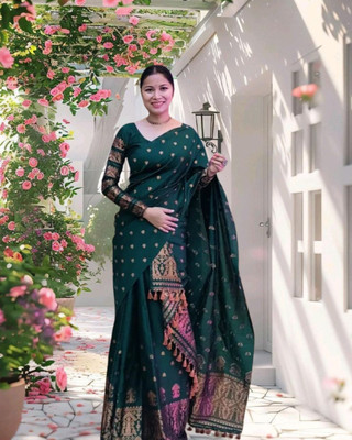 KHATI AXOMIYA Woven Mekhela Chador Polyester Saree(Green)